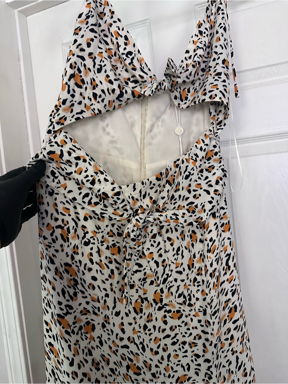Wayf Cream Animal-Print Tie-Front Camisole Dress with Black & Tan Spots